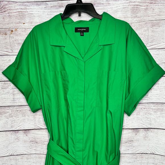 Banana Republic Quiet Luxury Green Tie Waist Midi Cotton Shirtdress Size XXL - Picture 11 of 13